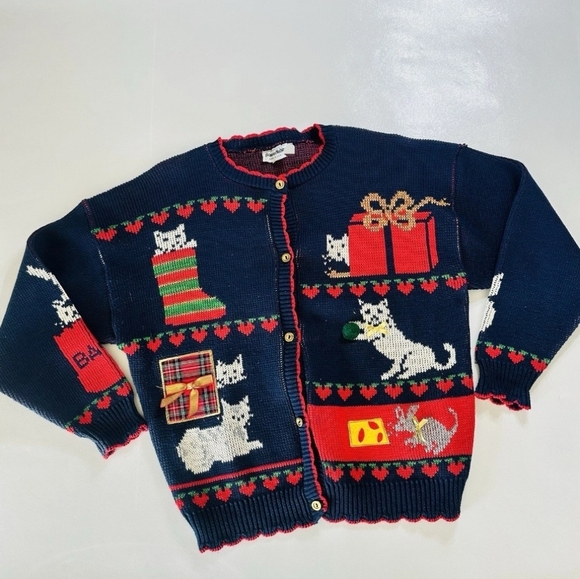 bonnie noble Sweaters - Vintage 90s Ugly Christmas Instarsia Knit Cat Cardigan Sweater Granny Festive L